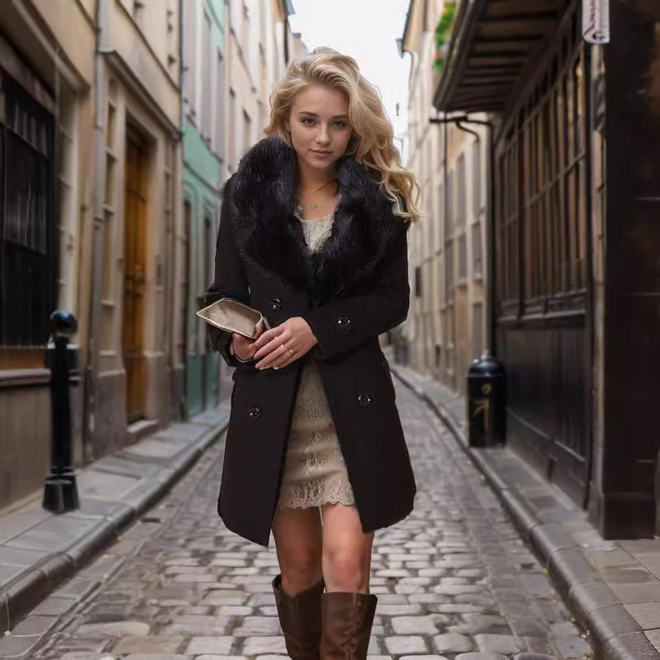 Damen eleganter Trenchcoat mit Kunstpelzkragen und Taillengürtel EB