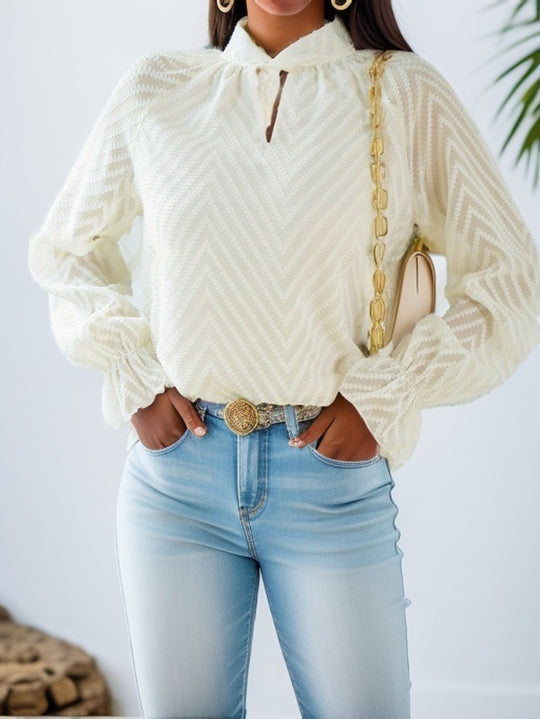 Damen elegante Bluse mit leicht transparenten Ärmeln und dekorativem Stehkragen EB