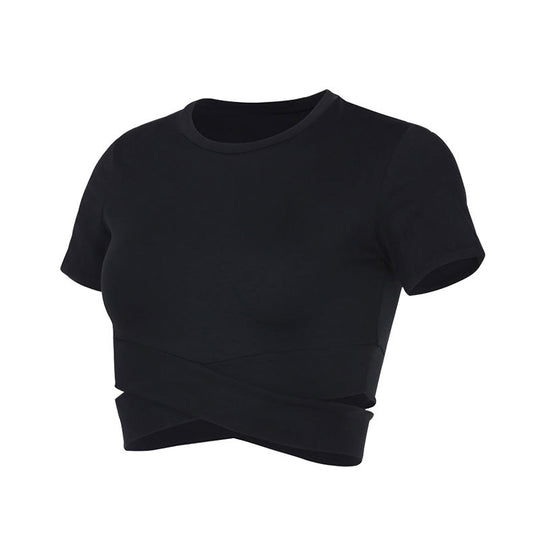 Damen kurzärmliges Trainings-Crop-Top mit innovativer Wickeloptik EB