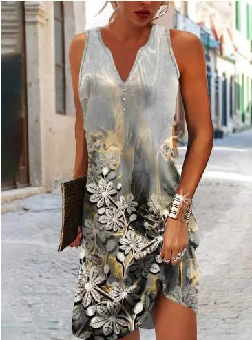 Damen, lässiges Sommerkleid mit V-Ausschnitt und asymmetrischem Saum EB