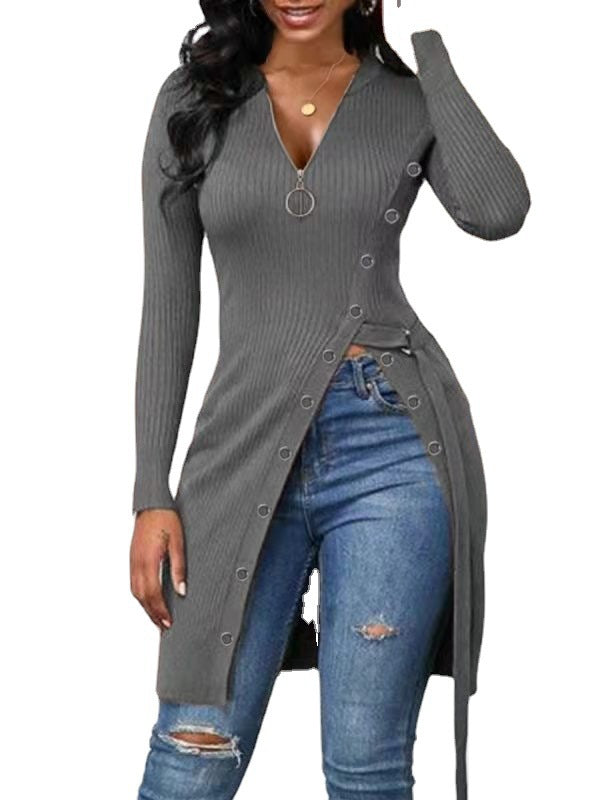 Damen figurbetontes Wickelshirt mit Knopfdetails und tiefem V-Ausschnitt EB