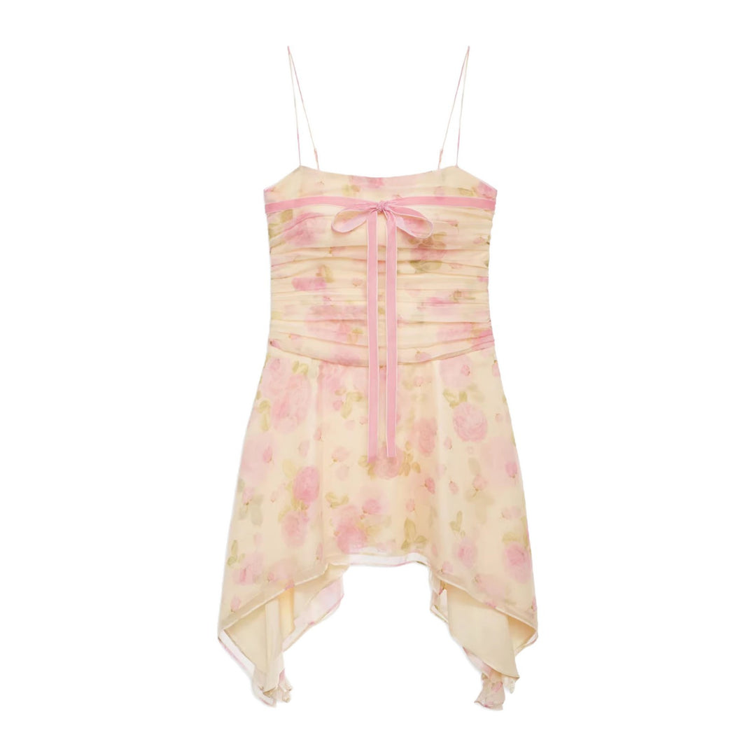Damen Flower-Print Mini-Kleid mit asymmetrischem Saum und eleganter Raffung EB