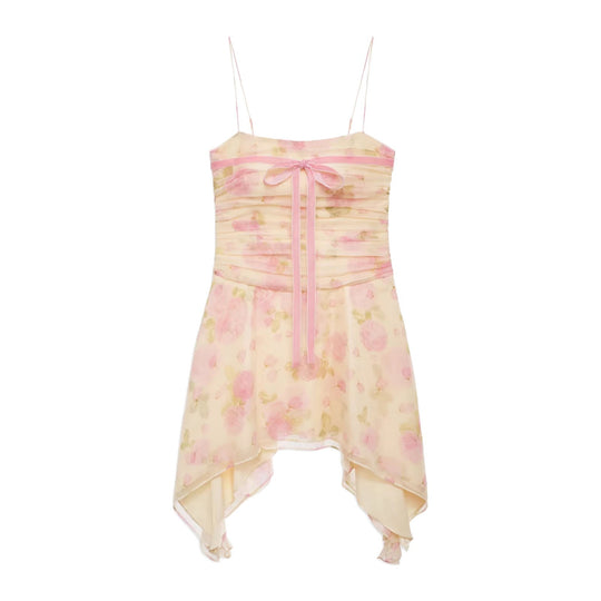 Damen Flower-Print Mini-Kleid mit asymmetrischem Saum und eleganter Raffung EB
