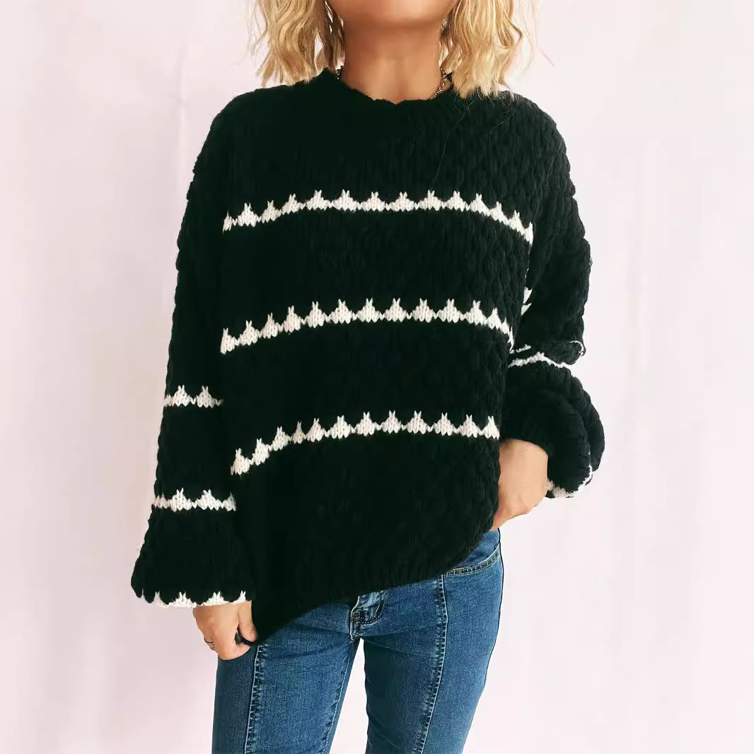 Damen Grobstrickpullover mit kontrastierenden Streifen EB