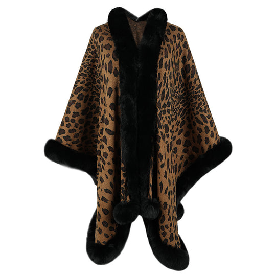 Damen kuscheliger Poncho mit luxuriösem Kunstfellbesatz und Leopardenmuster EB