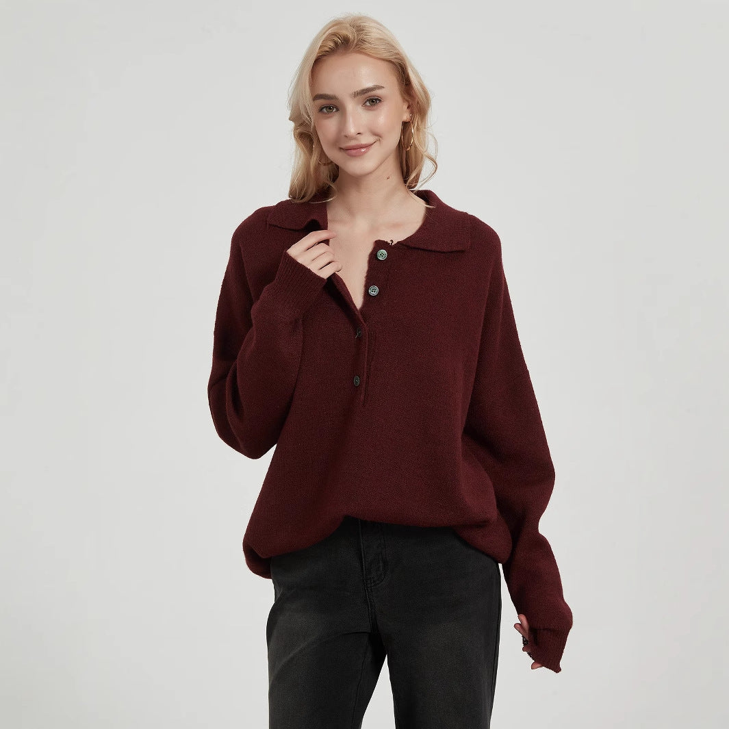 Damen Oversized Strickpullover mit elegantem Kragen und Knopfdetails EB
