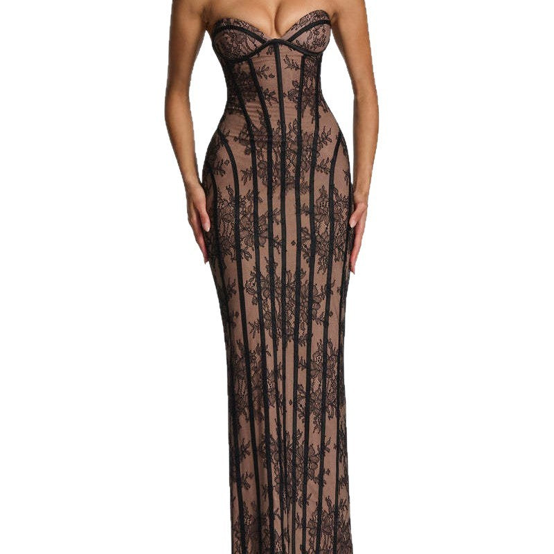 Damen figurbetontes Spitzenkleid mit schulterfreiem Design und elegantem Taillenschnitt EB
