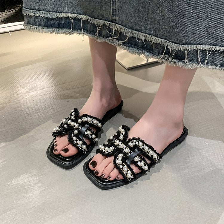 Damen elegante Mules mit Perlenverzierung EB