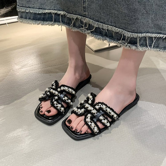 Damen elegante Mules mit Perlenverzierung EB