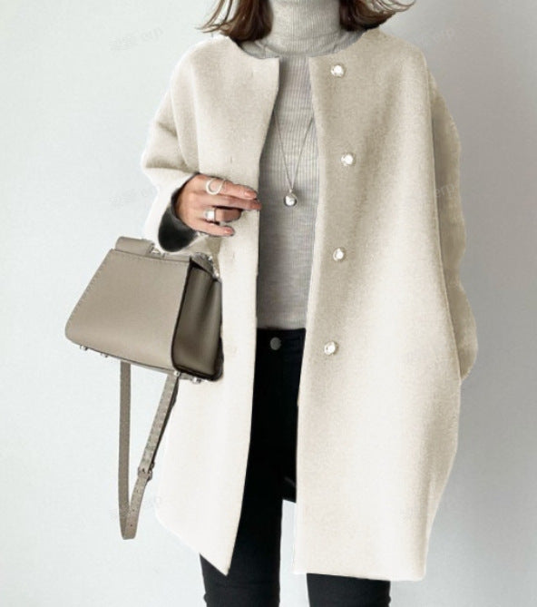 Damen Eleganter Oversized Wollmantel mit Doppelknopf-Verschluss und seitlichen Taschen EB