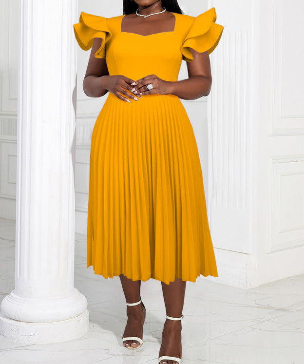 Damen plissiertes Maxikleid mit eleganten Rüschendetails EB