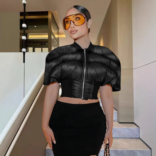 Damen modische cropped Jacke mit voluminösen Puffärmeln EB