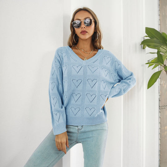 Damen Strickpullover mit Herzmuster und V-Ausschnitt EB