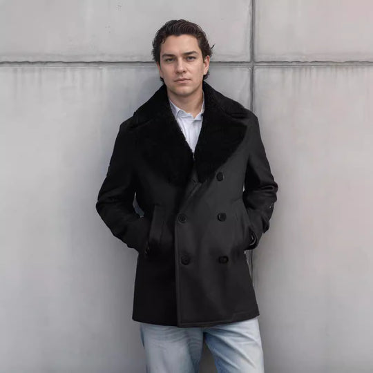 Herren modischer Doppelreihen-Wollmantel mit Teddyfellkragen EB