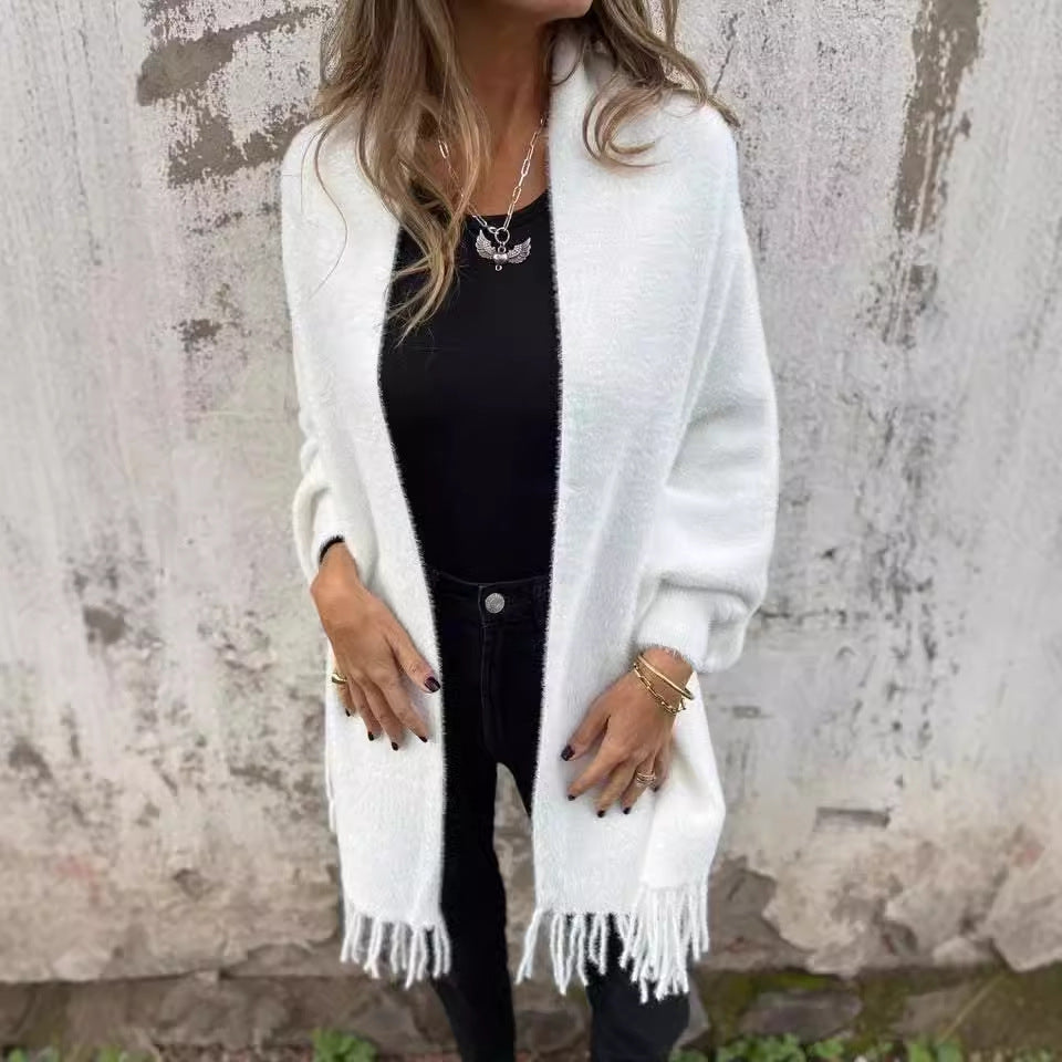Damen Strickmantel mit Fransen EB