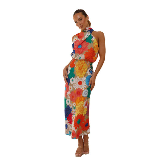 Damen Maxikleid mit kreativem Blumendesign und verspieltem Neckholder EB