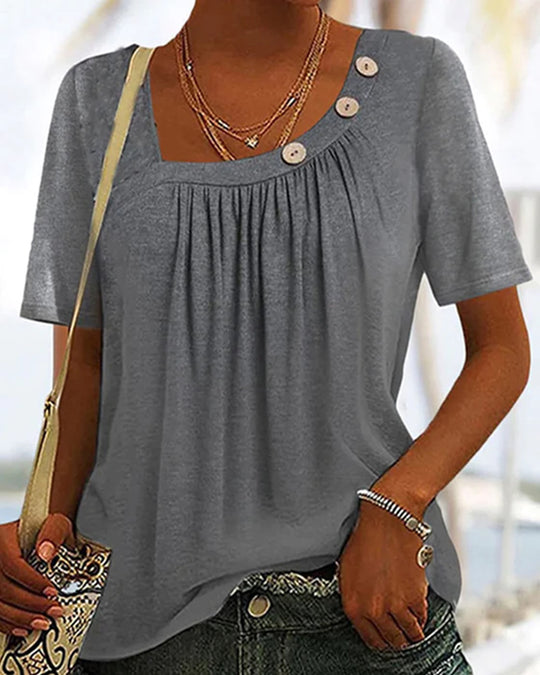 Damen nan locker sitzendes Kurzarmshirt mit quadratischem Ausschnitt, geraffter Brustpartie und Zierknopf-Detail EB
