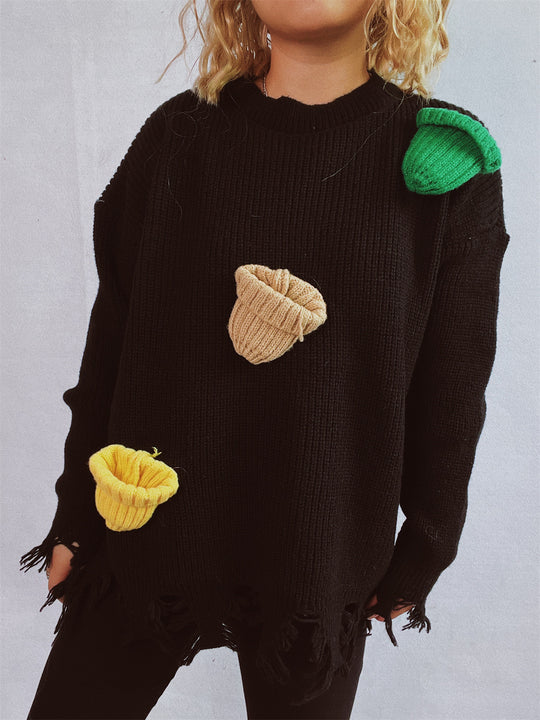 Damen lässiger Oversize-Pullover mit fransigen Details und bunten Applikationen EB