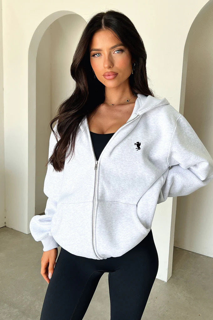 Damen lässiger Zip-Hoodie mit praktischen Taschen und elastischen Bündchen EB
