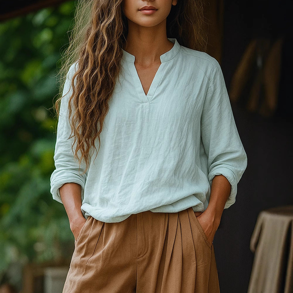 Damen Casual Tunika-Bluse in Leinenoptik mit kleinem Stehkragen und V‑Schlitz EB