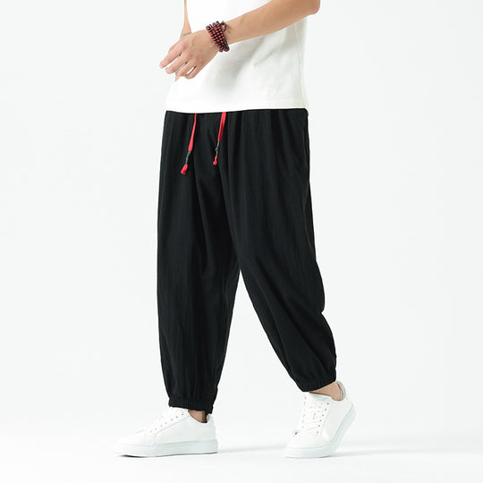 Herren nan locker geschnittene Leinen-Baumwoll Hose mit Kordelzug und elastischen Bündchen EB