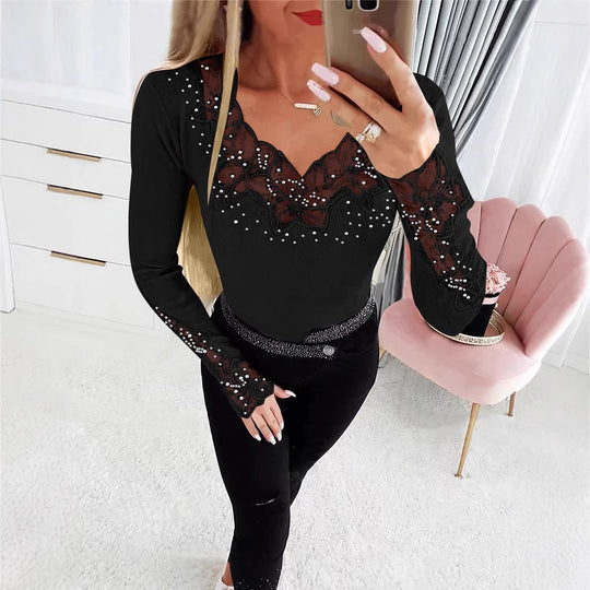 Damen nan figurbetonte Feinstrickbluse mit V-Ausschnitt und floraler Spitzenapplikation EB