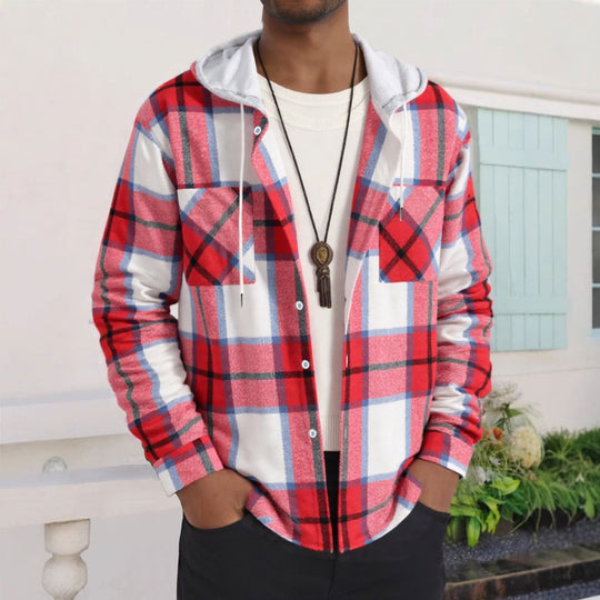 Herren Karierte Flanelljacke mit Hoodie und praktischen Taschen EB