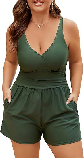 Damen Playsuit mit tiefem V-Ausschnitt und seitlichen Taschen EB