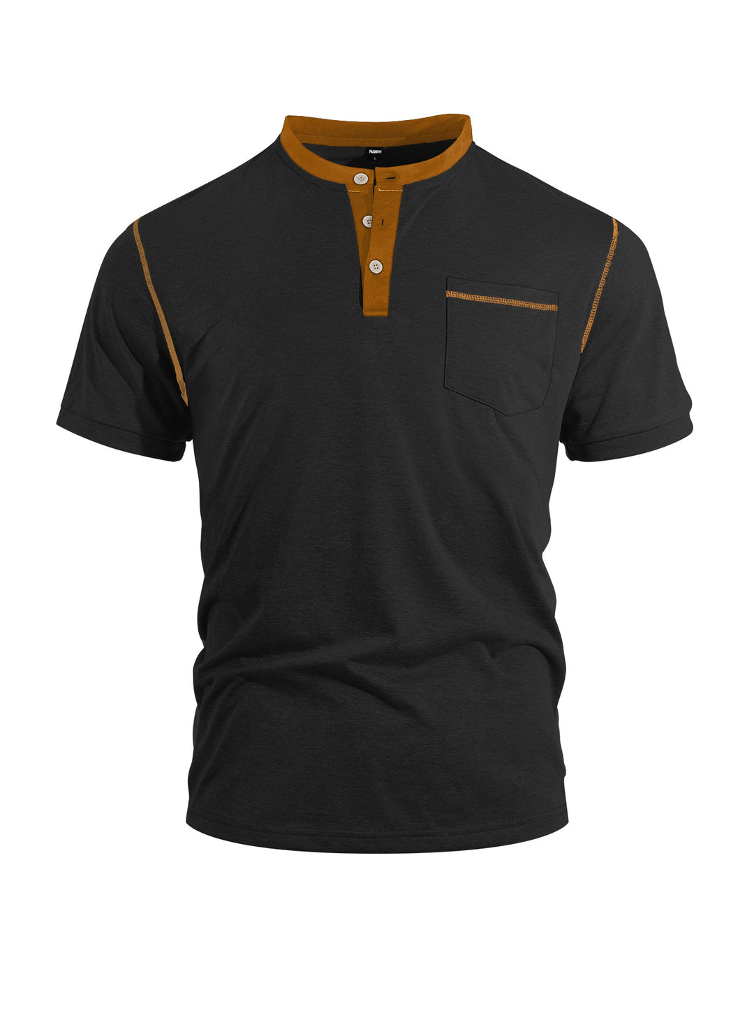 Herren nan legeres Kurzarm-Bandkragenshirt mit Knopfleiste Brusttasche und Flatlocknähten EB
