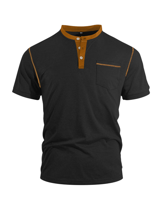 Herren nan legeres Kurzarm-Bandkragenshirt mit Knopfleiste Brusttasche und Flatlocknähten EB