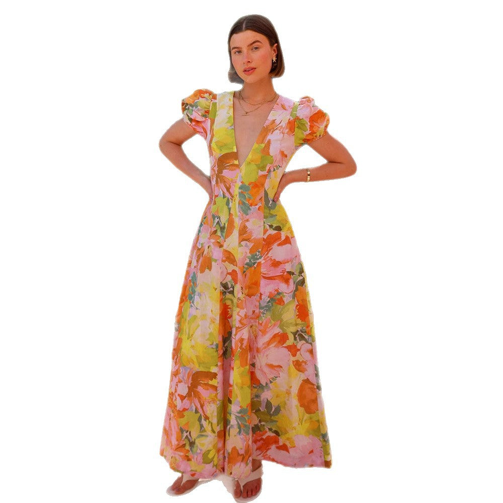 Damen Maxikleid mit tiefem V-Ausschnitt und voluminösen Ärmeln EB
