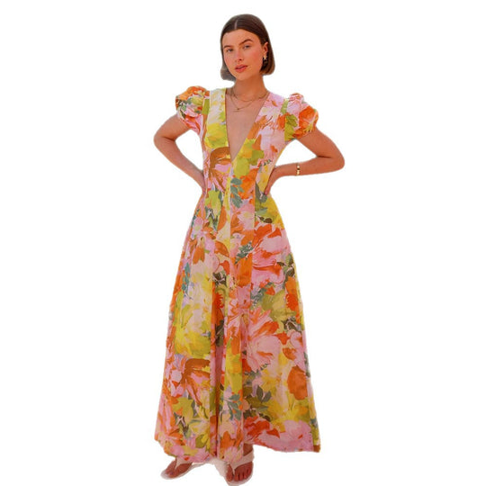 Damen Maxikleid mit tiefem V-Ausschnitt und voluminösen Ärmeln EB