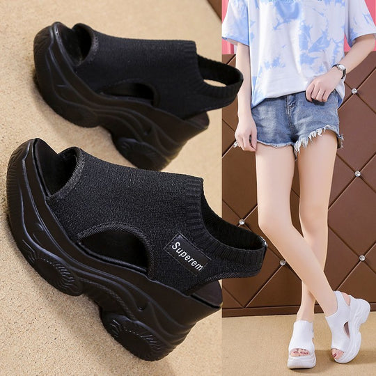 Damen Sportliche Plateau-Sandaletten mit elastischem Obermaterial und modischem Design EB