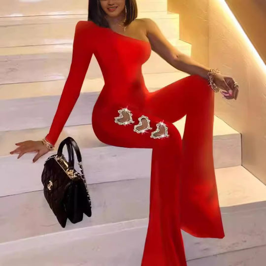 Damen Elegantes einseitiges Flare-Jumpsuit mit dekorativen Verzierungen EB