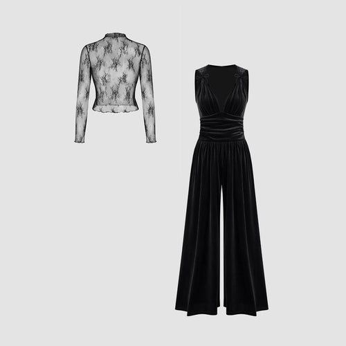 Damen elegante Spitzenbluse mit schmalem Schnitt und weitem Hosenanzug EB