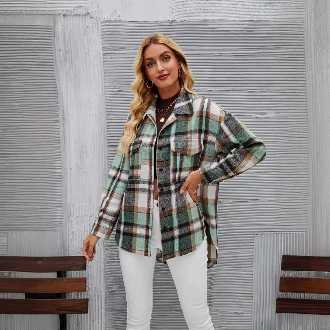 Damen Karottenjacke im lässigen Oversized-Stil mit kontrastierenden Karomustern EB