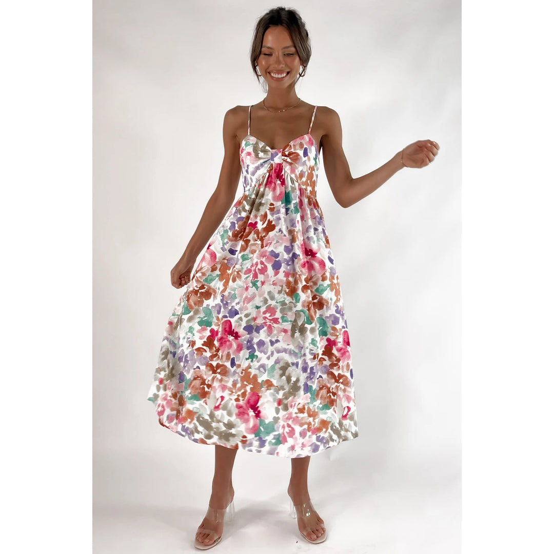 Damen Maxikleid mit floralem Design und dekorativem Knotendetail EB