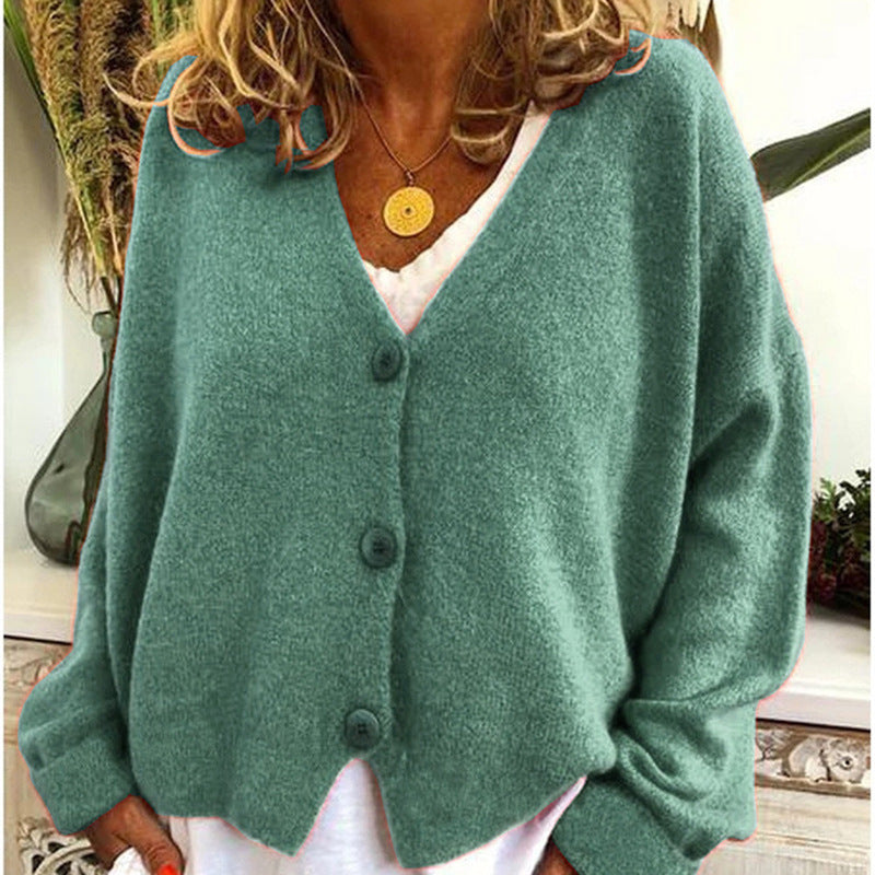 Damen lässiger Strickcardigan mit tiefem V-Ausschnitt und großen Knöpfen EB