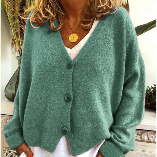 Damen lässiger Strickcardigan mit tiefem V-Ausschnitt und großen Knöpfen EB