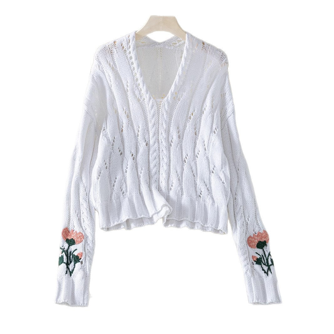 Damen Strickpullover mit floralem Design und V-Ausschnitt EB