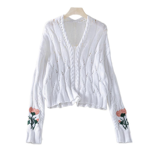 Damen Strickpullover mit floralem Design und V-Ausschnitt EB