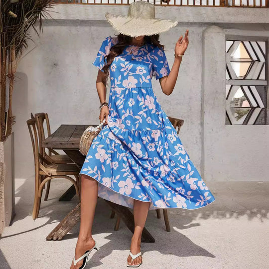 Damen Maxikleid mit floralem Design und voluminösem Rock EB
