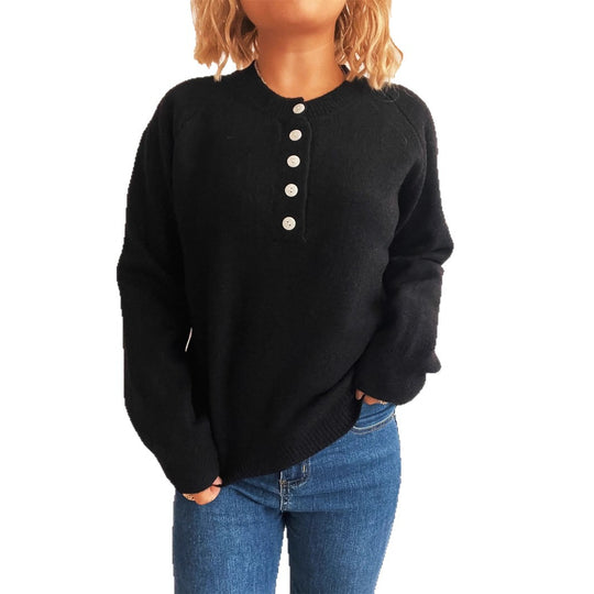 Damen gemütlicher Strickpullover mit Knopfdetails EB