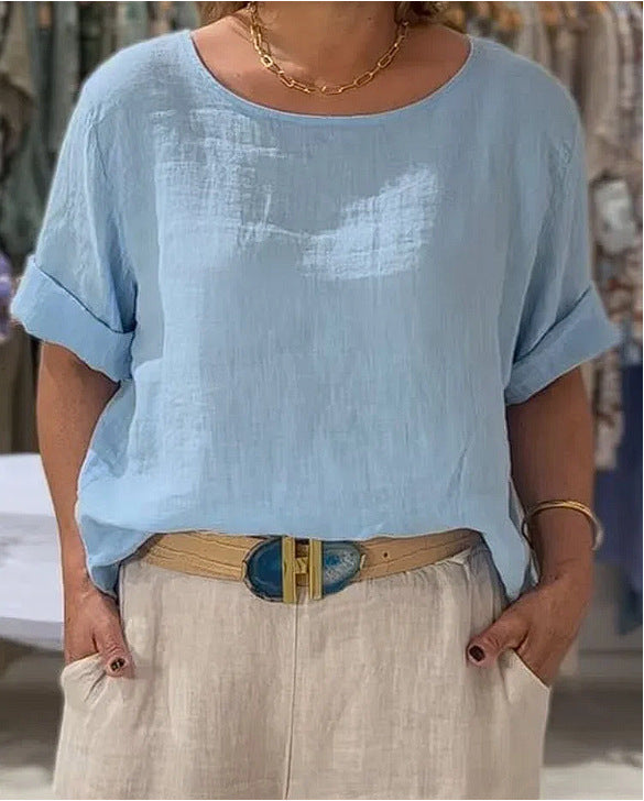 Damen lässige Leinenbluse mit entspannter Passform und umgeschlagenen Ärmeln EB