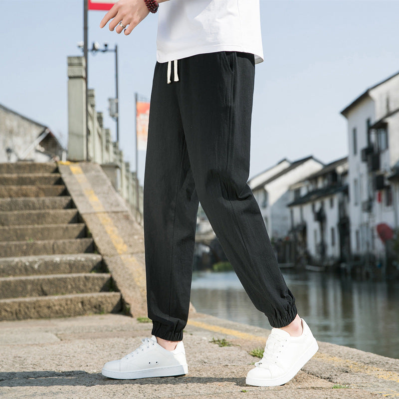 Herren nan tapered Leinen-Baumwoll-Jogger mit Kordelzug, elastischem Knöchelbündchen und schlanker Silhouette EB