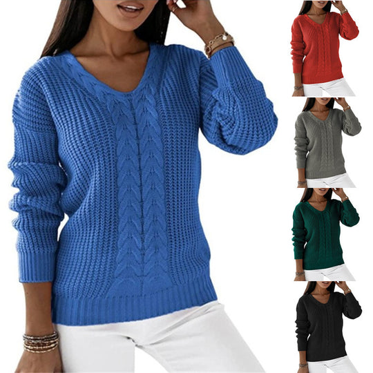 Damen nan grob gestrickter V-Ausschnitt Pullover mit Zopfmuster und lockerer Silhouette EB