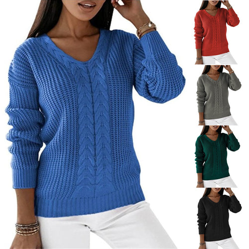 Damen nan grob gestrickter V-Ausschnitt Pullover mit Zopfmuster und lockerer Silhouette EB