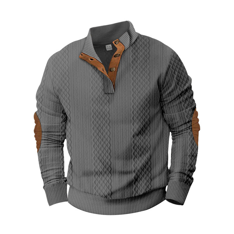 Herren nan strukturierter Henley-Pullover mit Stehkragen, Knopfleiste und Lederoptik-Ellbogenbesatz EB