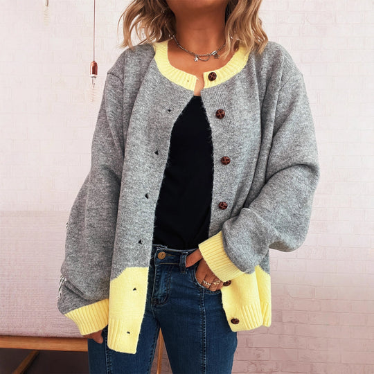 Damen lässige Strickjacke mit buntem Kontrast und eleganten Knopfdetails EB