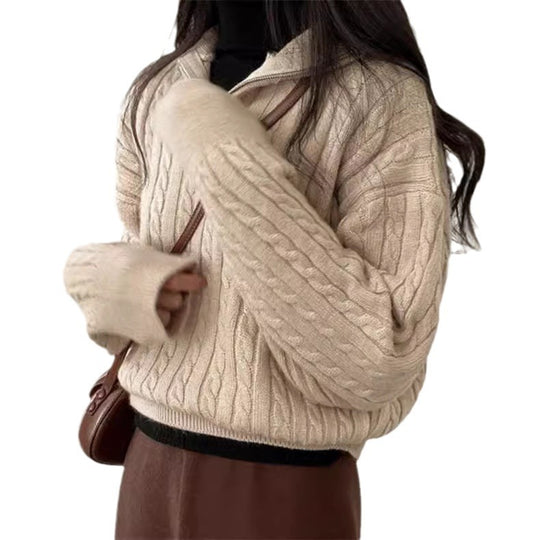 Damen kuscheliger Strickpullover mit hochschließendem Kragen und Zipper EB